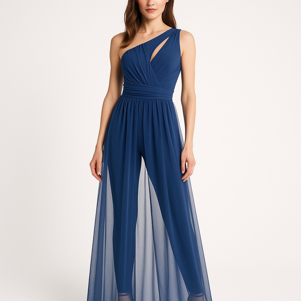 Chiara Boni Blue One-Shoulder Jumpsuit with Sheer Overlay